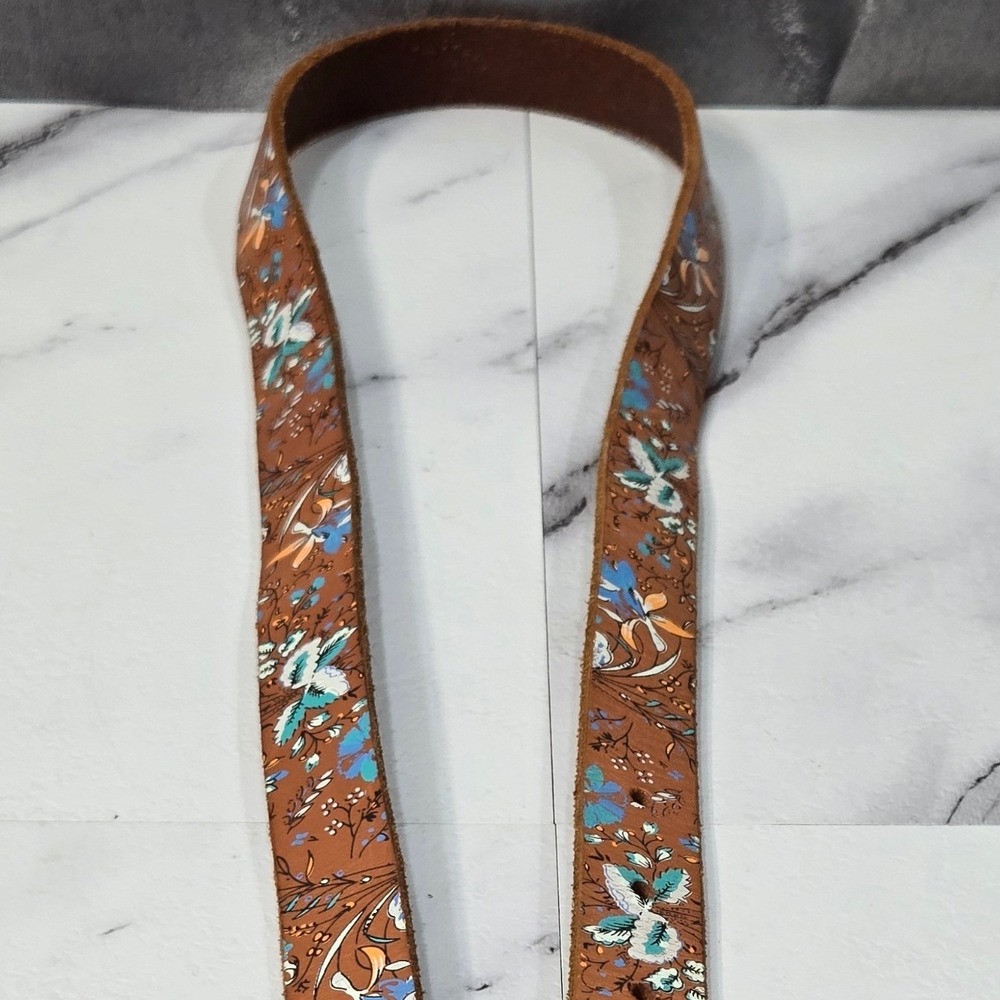 GAP Womens Medium Brown Leather Belt Ditsy Floral Vachetta Brass Buckle Skinny - Picture 8 of 8